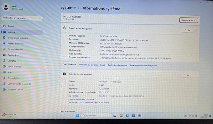 Dell Precision 7520 15,6" Core i7 2,70 GHz 256 SSD 16 Go AZERTY - Français  -